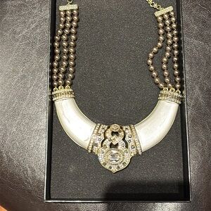 HEIDI DAUS Lucite & Rhinestone Bib "Signature Accent"  Gray Pearls necklace